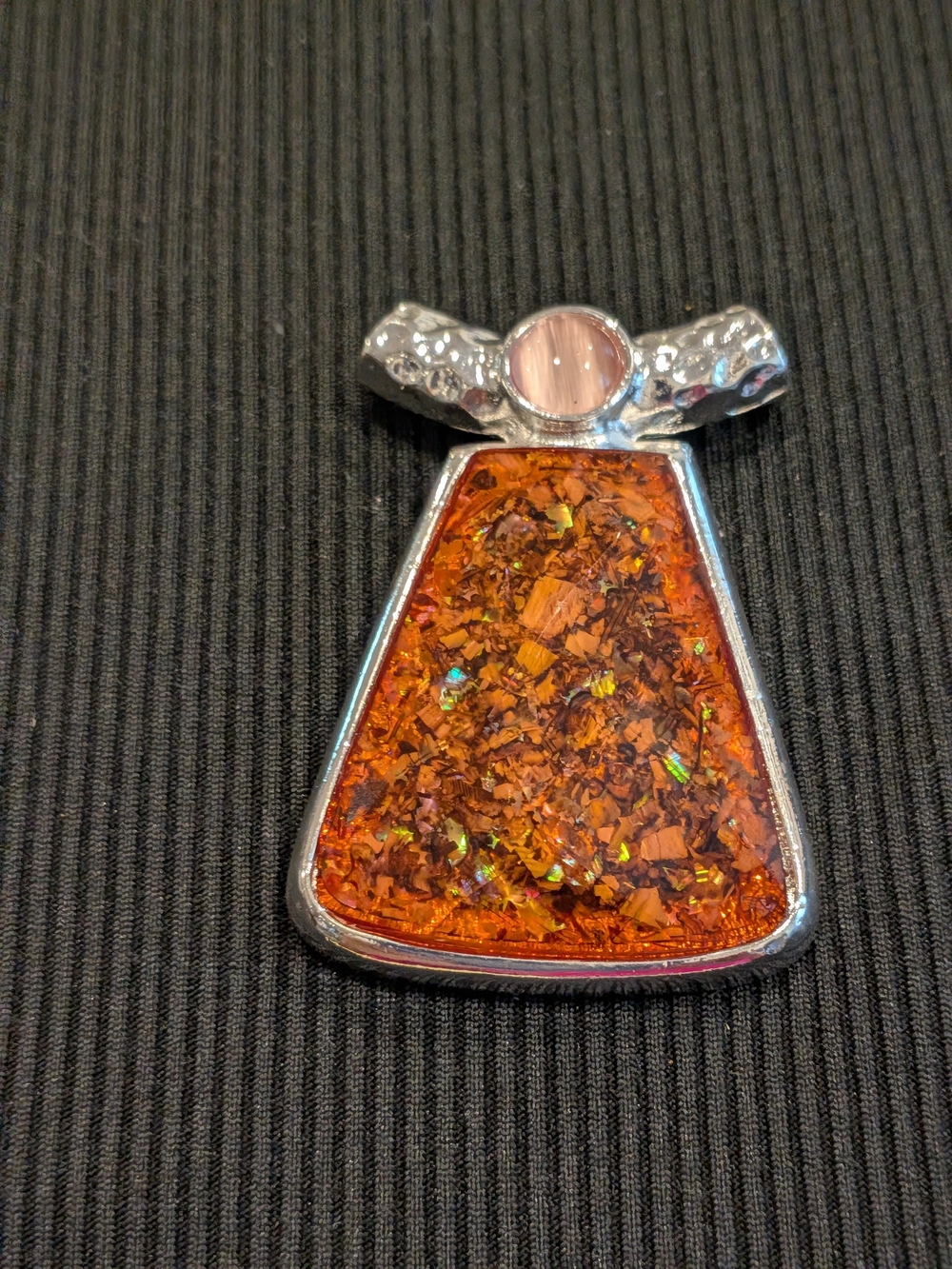 B#4: Amber Orange Resin Pendant 2" Necklace - Silver